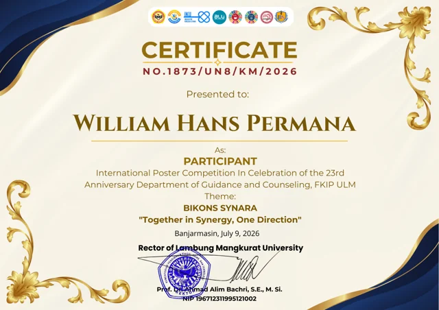 Certificate for William Hans Permana: International Poster Competition · BIKONS SYNARA