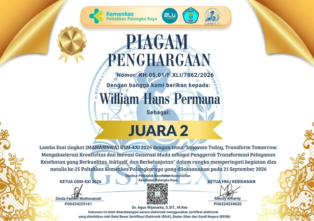Certificate for William Hans Permana: Lomba Esai GSM-EXI 2026
