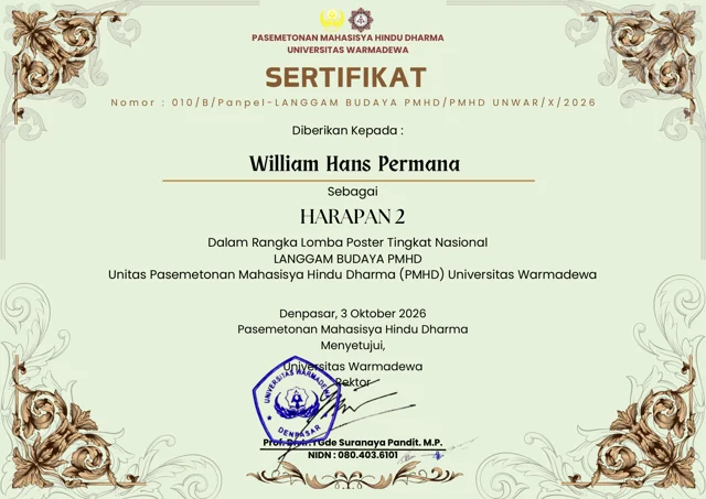 Certificate for William Hans Permana: Langgam Budaya PMHD