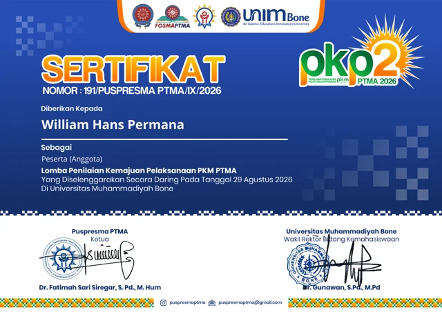 Certificate for William Hans Permana: Lomba Penilaian Kemajuan Pelaksanaan PKM PTMA